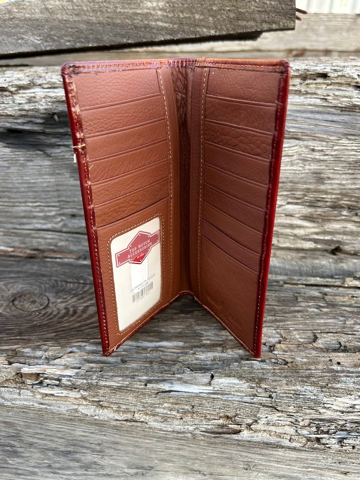 Brown leather tall wallet with embossed Deer design and a Beige border. Inside view showing multiple card slots and a ID window.