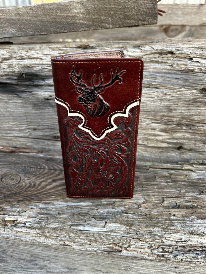Coffee Brown leather tall wallet with a embossed Deer design and a beige border. Front View