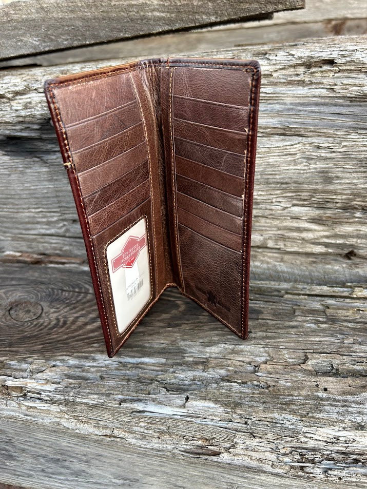 Coffee Brown leather tall wallet with a embossed Deer design and a beige border. Inside view showing multiple card slots and ID window.