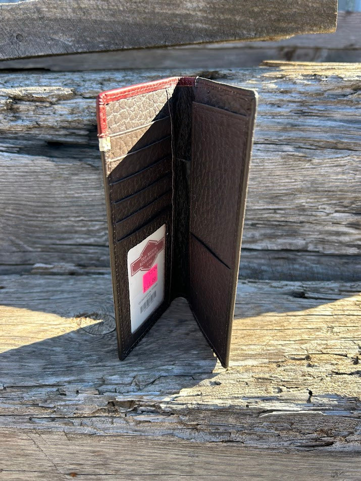 Coffee Brown leather checkbook wallet with embossed overlay and a Longhorn in a Horseshoe Concho. Inside view showing multiple card slots, ID window, and a checkbook slot.
