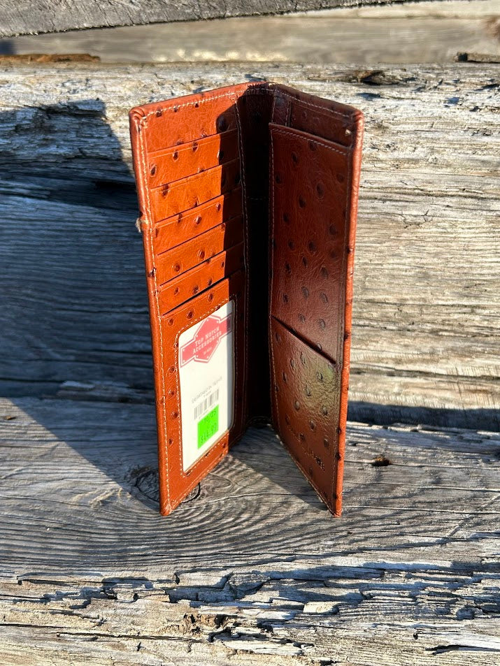 Brown ostrich print leather checkbook wallet with cowhide inlay featuring a Longhorn Concho. Inside view showing multiple card slots, ID window, and checkbook slot.