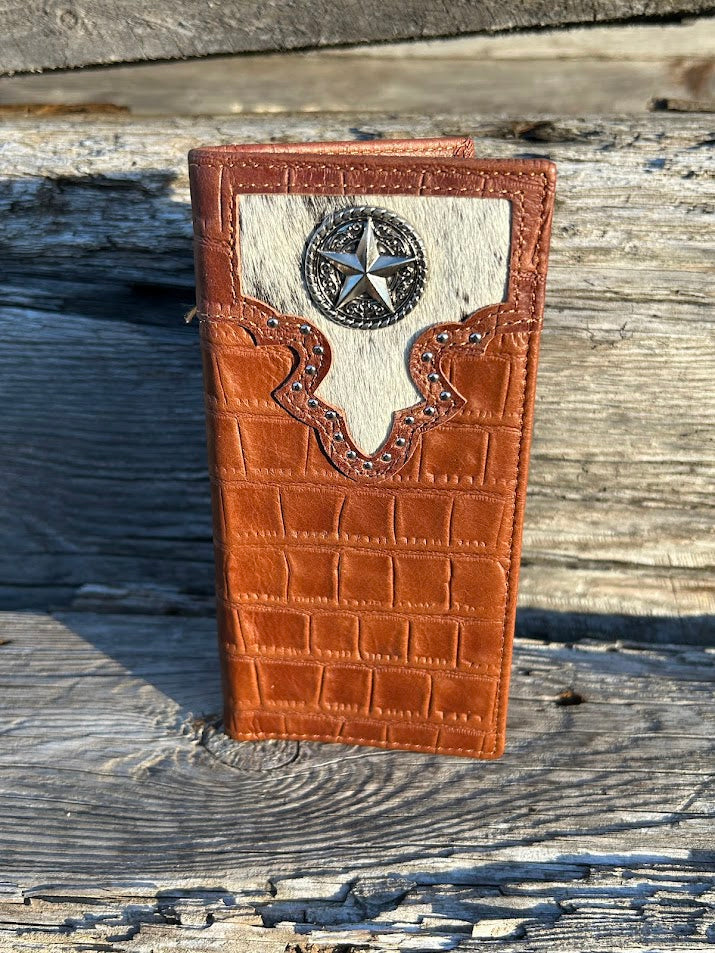 Brown alligator print leather checkbook wallet with a cowhide inlay featuring a Star Concho. Front View