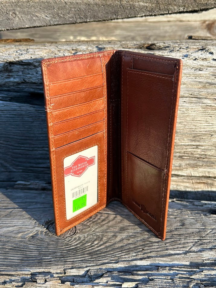 Brown alligator print leather checkbook wallet with a cowhide inlay featuring a Star Concho. Inside view showing multiple card slots, ID window, and a checkbook slot.