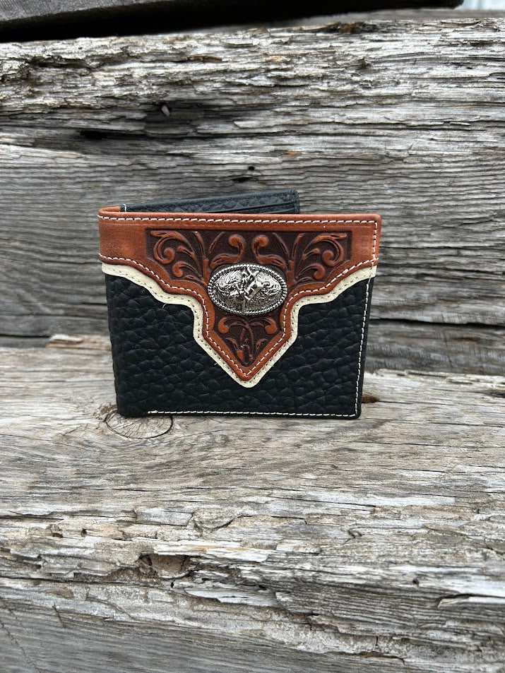 Black leather bifold wallet with embossed Brown overlay featuring a Bull Rider Concho. Front View