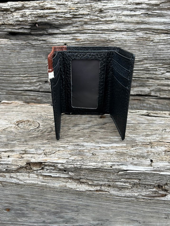 Black pebbled leather trifold wallet with a Brown embossed leather overlay featuring a Longhorn Concho. Inside view showing ID window and multiple card slots.