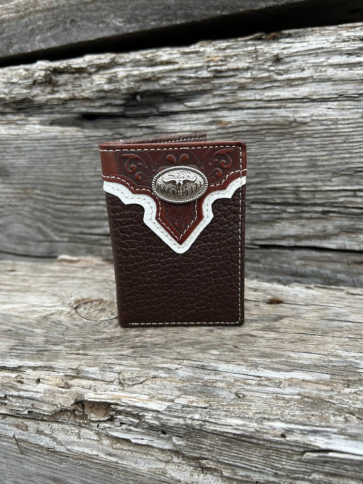 Coffee Brown leather trifold wallet with a Brown embossed overlay featuring a Longhorn Concho. Front View