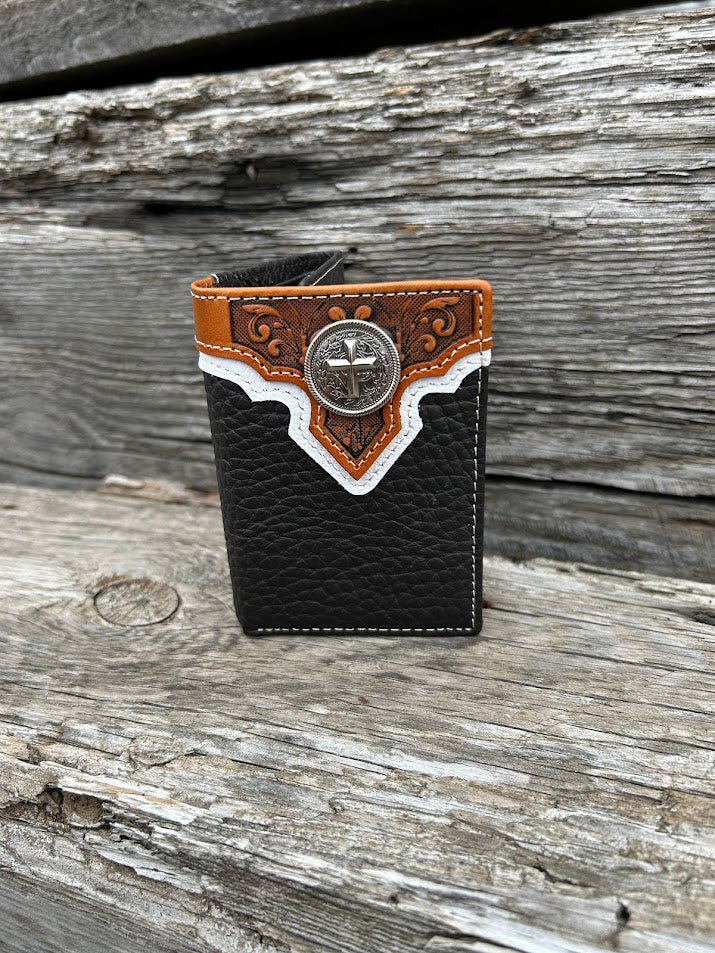 Coffee Brown trifold wallet with a embossed Brown leather overlay featuring a Cross Concho. Front View