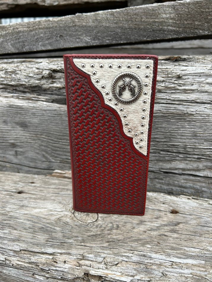 Coffee Brown basketweave leather tall wallet with a cowhide inlay corner featuring a Pistols Concho. Front View