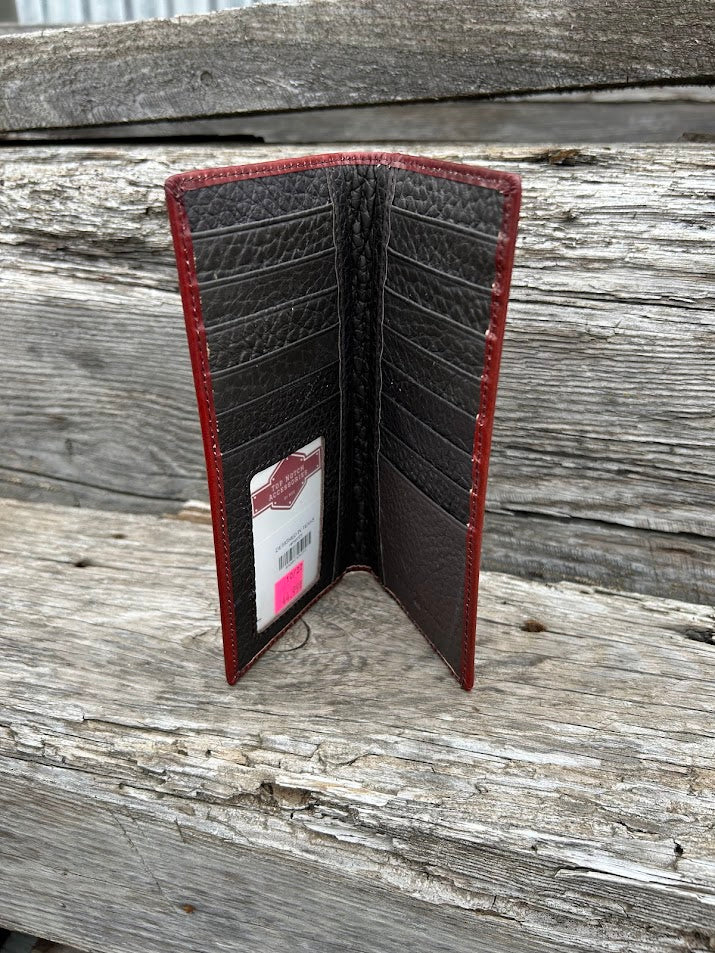 Coffee Brown basketweave leather tall wallet with a cowhide inlay corner featuring a Pistols Concho. Inside view showing ID widow and multiple card slots.