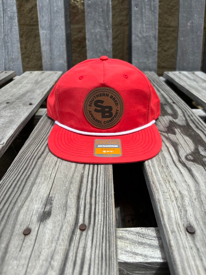 Southern Bred Apparel Co Caramel Leather Logo Patch Richardson 256 5 Panel Nylon Grandpa Snap Back Red/White