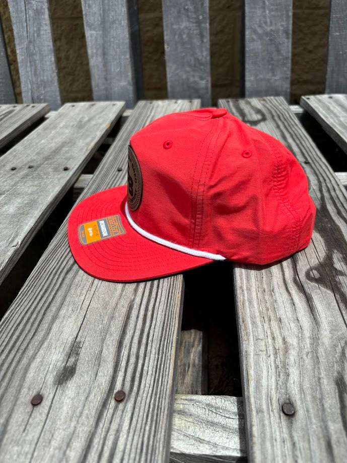 Southern Bred Apparel Co Caramel Leather Logo Patch Richardson 256 5 Panel Nylon Grandpa Snap Back Red/White