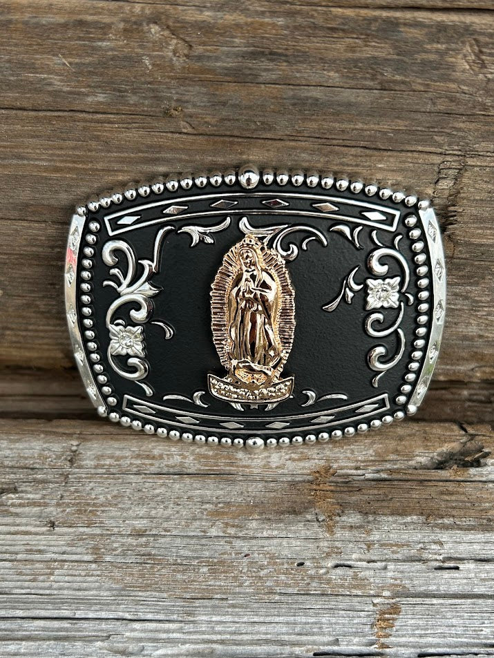 This matte black buckle features a Virgin de Guadalupe design with a intricate Silver border. Front View