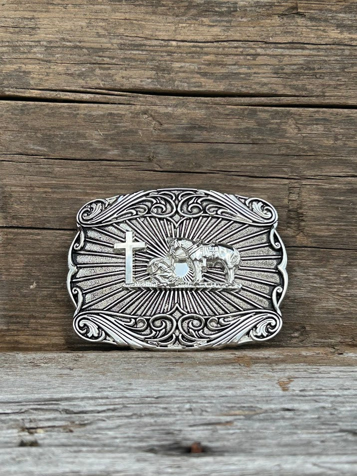 This buckle features a Silver Praying Cowboy design with a intricate Silver border. Front View