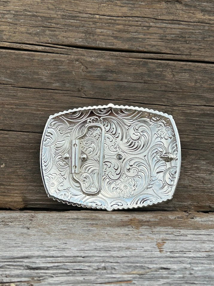 This matte black buckle features a Mexico Flag design with a intricate Silver border. Rear View