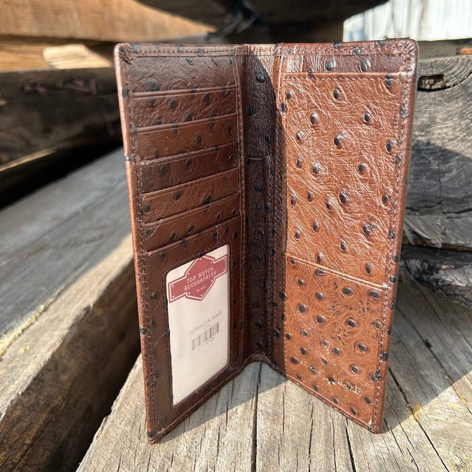 Rooster Concho on a cowhide inlay brown ostrich print leather checkbook wallet. Inside view showing multiple card slots, a ID window, and checkbook slot.