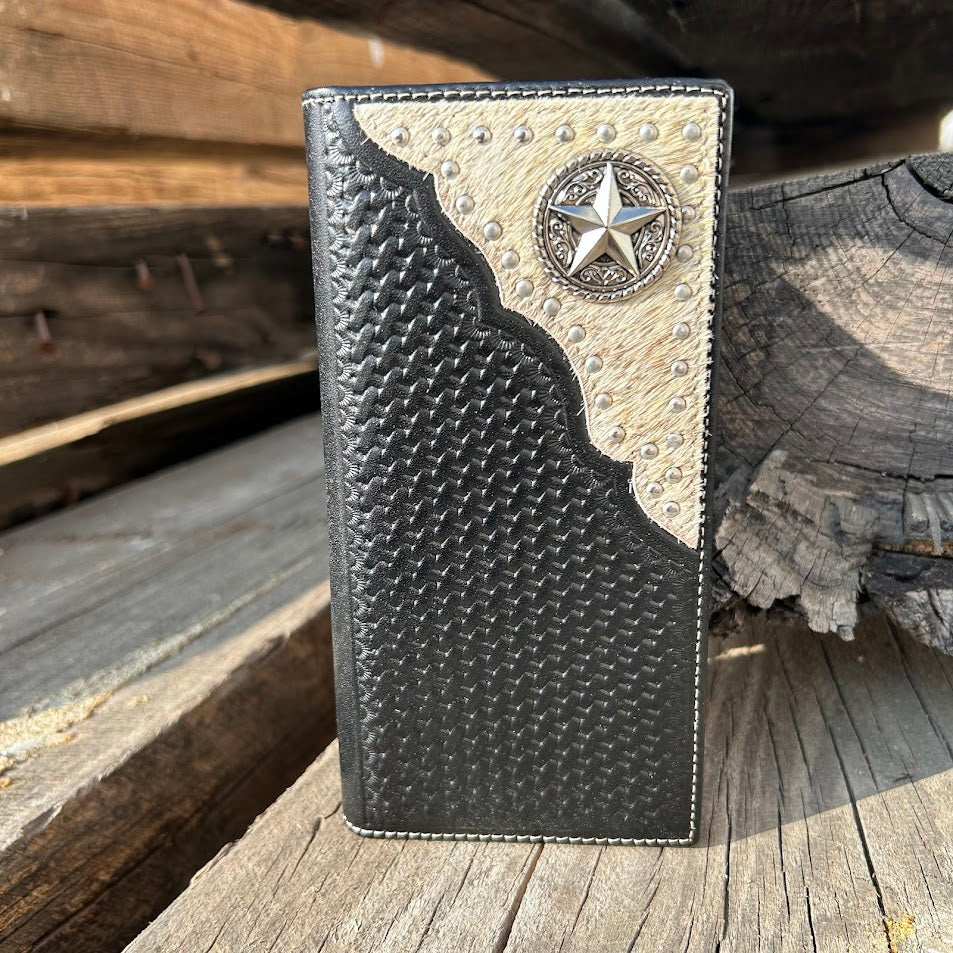 Black basketweave leather wallet with star concho design on a cowhide corner. Front View B