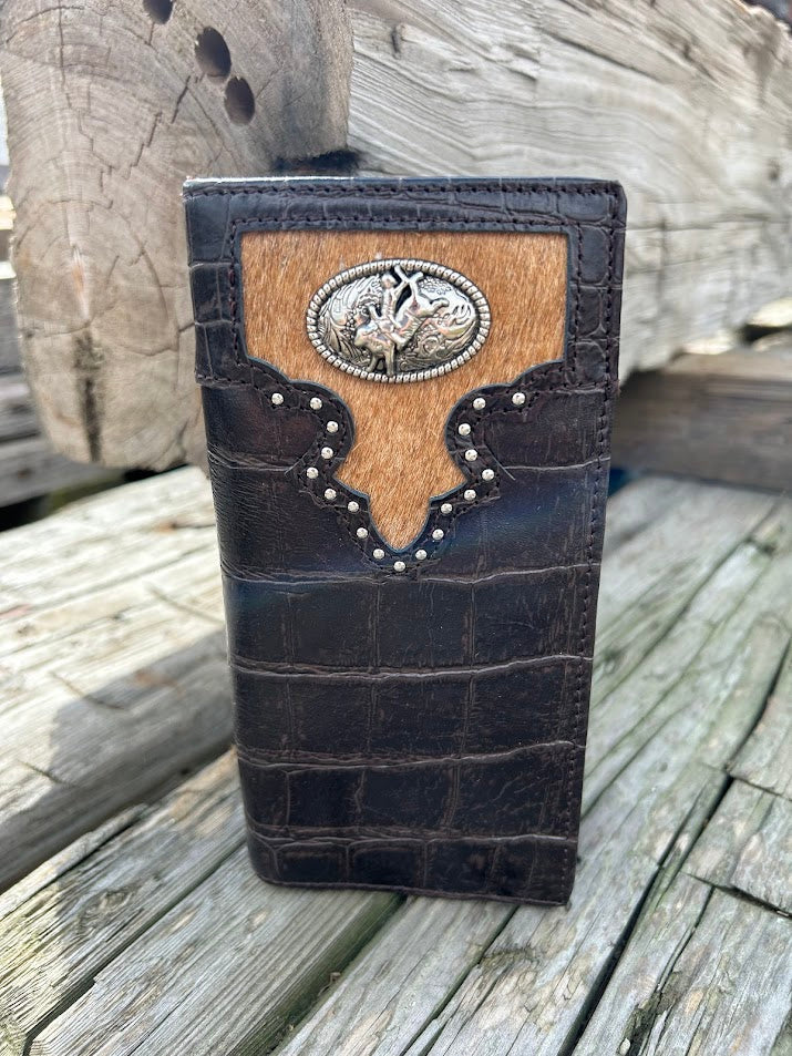 Coffee brown alligator print leather checkbook wallet with a Bull Rider Concho on a cowhide inlay. Front View A