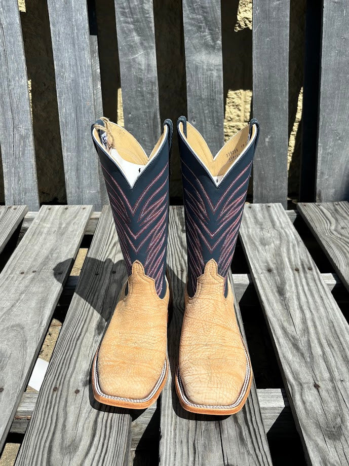 A pair of men's Anderson Bean cowboy boots with tan washed shoulder and a 12" navy upper. Front View