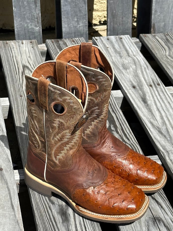 Dan Post DP6058 Men's 11" Martel Bay Full Quill Ostrich With Brown Saddle Square Toe Boots *Closeout*