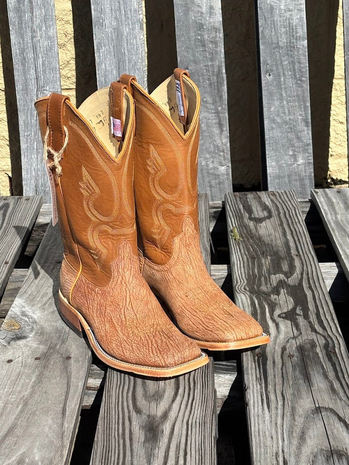 Men's Anderson Bean square toe cowboy boots in Peanut Poseidon goat with tan goat 12" shafts.