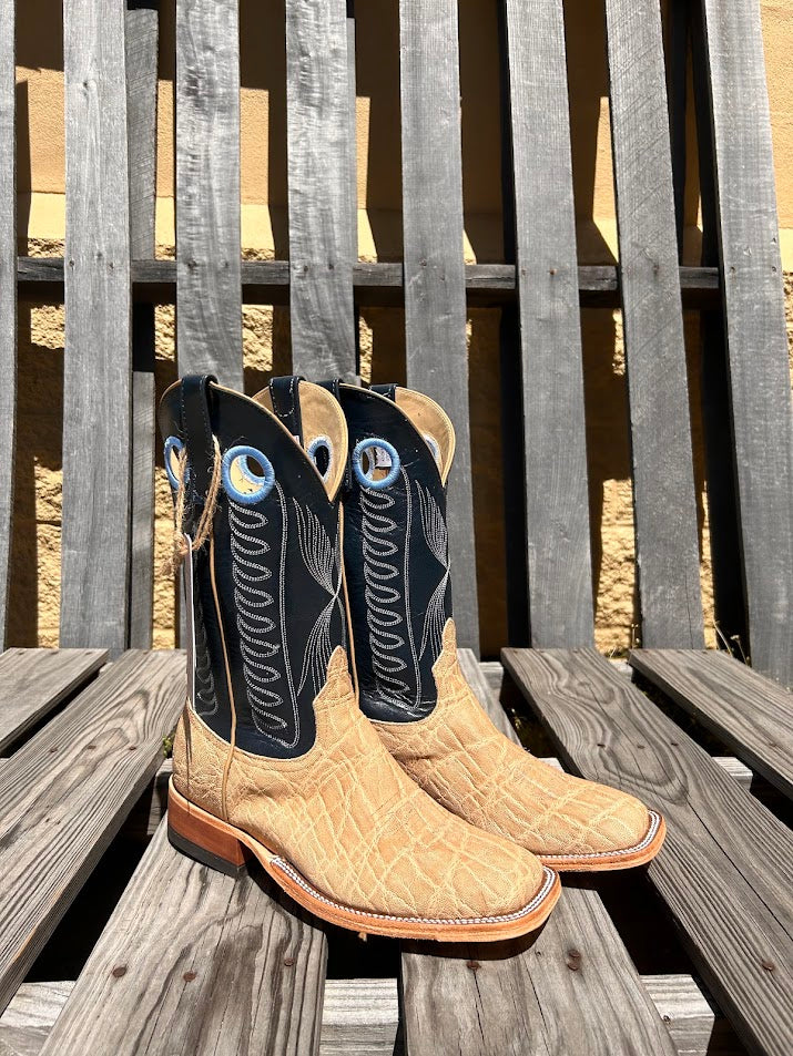 Men's Anderson Bean square toe cowboy boots in Umber Bruciato Elephant skin and a 12" Regal Blue Kidskin tops.