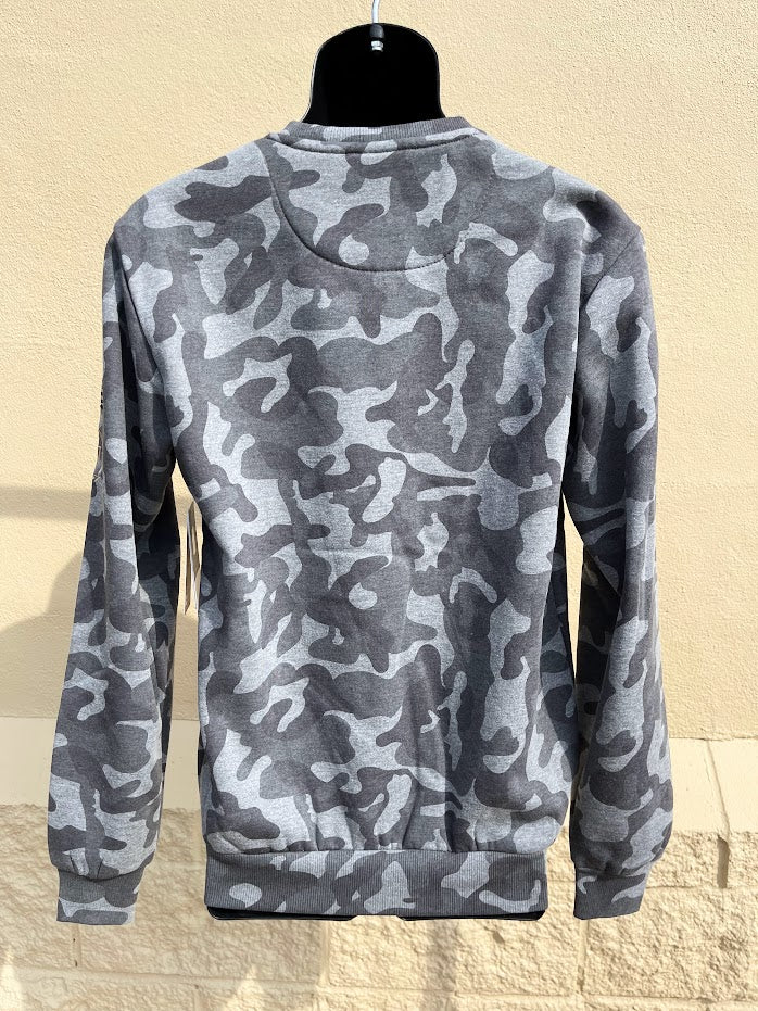 Colosseum Athletics Slate Heather Camo Louisiana State University crewneck sweatshirt with a LSU Tigers applique embroidery. Rear view on mannequin.