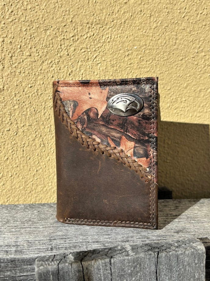 Zep-Pro University of Southern Mississippi 1/2 Mossy Oak Camo/Brown Tri-fold Wallet with silver toned USM concho on top right corner of camo. Front view