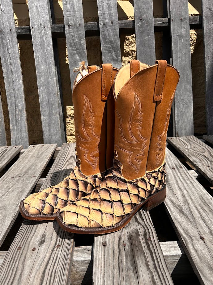 Men's Anderson Bean 12-inch shaft tan lines big bass square toe cowboy boots. Side view