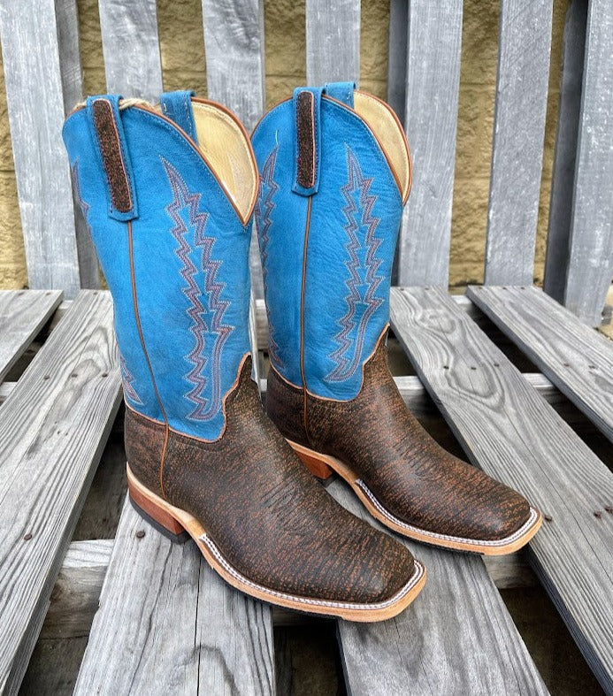 Men's Anderson Bean cowboy boots in cognac Cape Safari Buffalo, these boots have a square toe.
