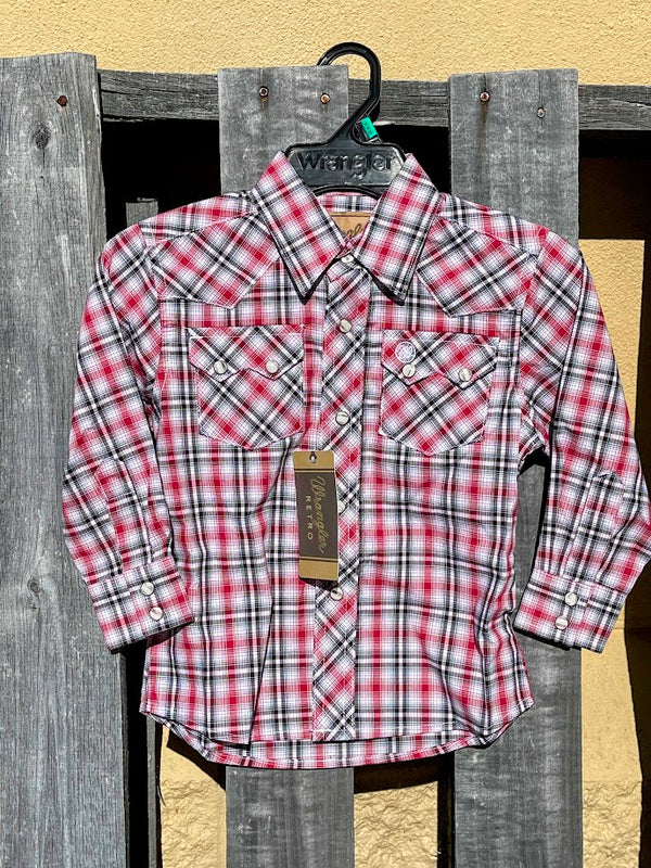 Boy's Wrangler 112344304 Retro Red/Black Plaid Western Snap Long Sleeve Shirt