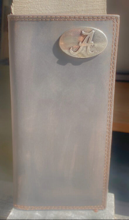 Zep Pro Alabama logo "A" brass Concho Brown “Crazy Horse” Leather Tall Wallet. Front view