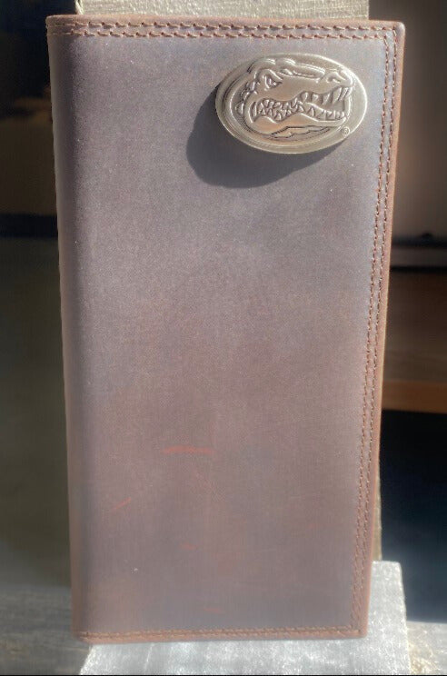 Zep-Pro University of Florida Gators Brown “Crazy Horse” Leather Tall Wallet with brass Florida Gator head logo concho in upper right corner. Front view