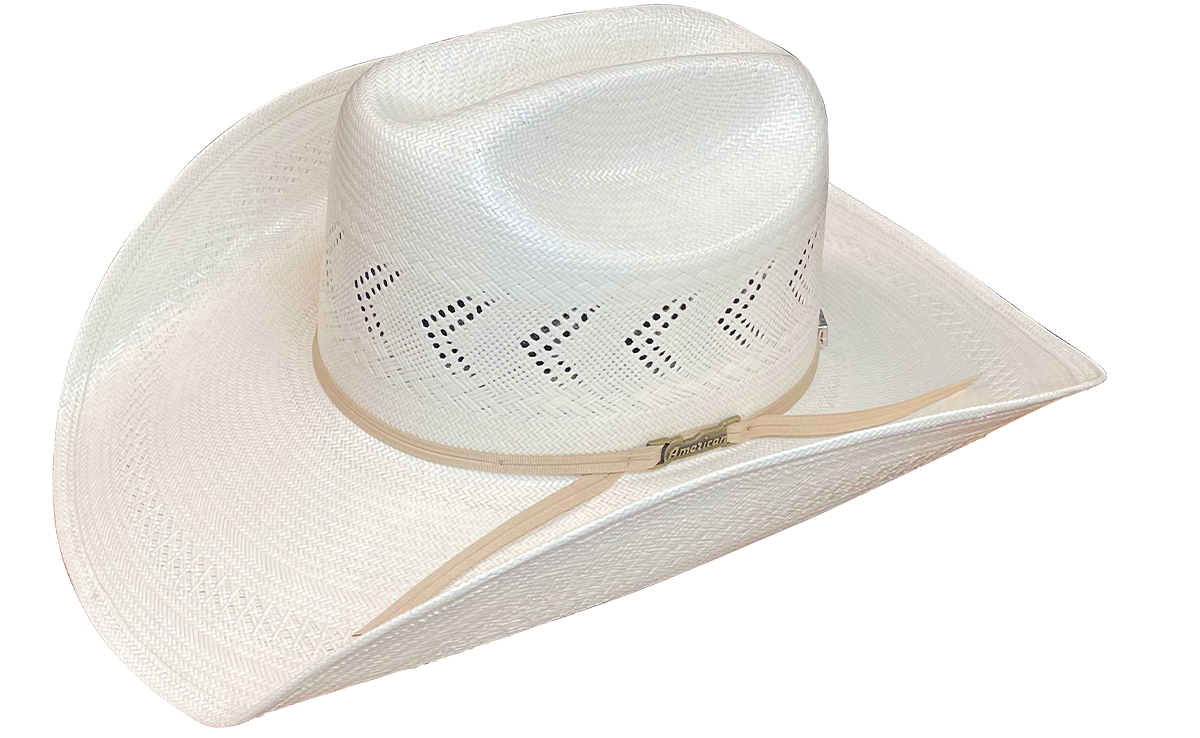 American Hat Company straw hat with a rancher crease, side profile highlighting hat band.