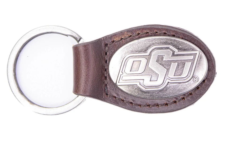 Zep-Pro Oklahoma State University Small Oval "Crazy Horse" Leather Concho Key Chain with OSU logo concho front view