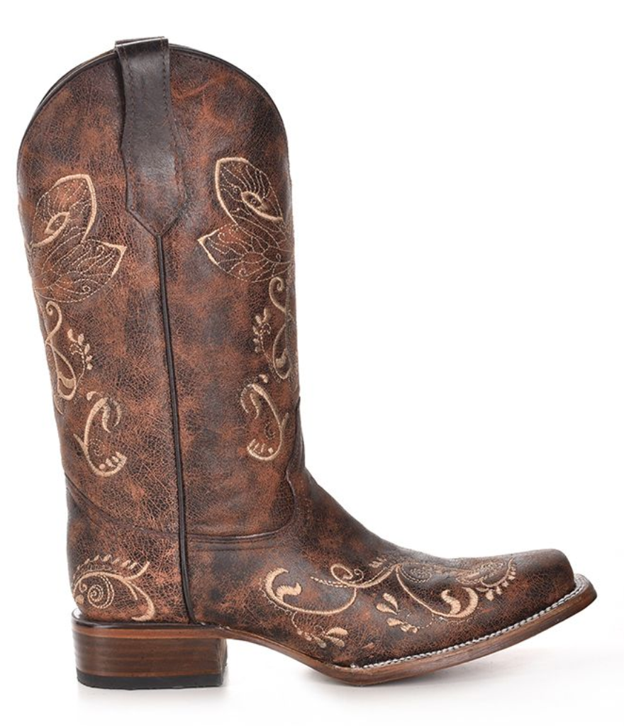 Women's Circle G by Corral 11 inch Brown Bone Dragonfly Embroidery Square Toe