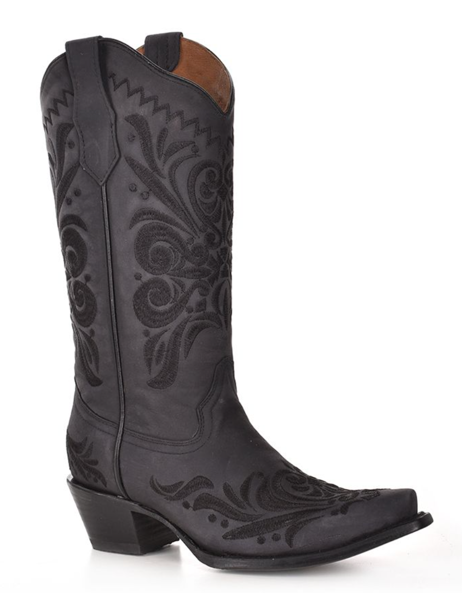 Profile view of a black snip toe western boot with black floral embroidery stitching boot