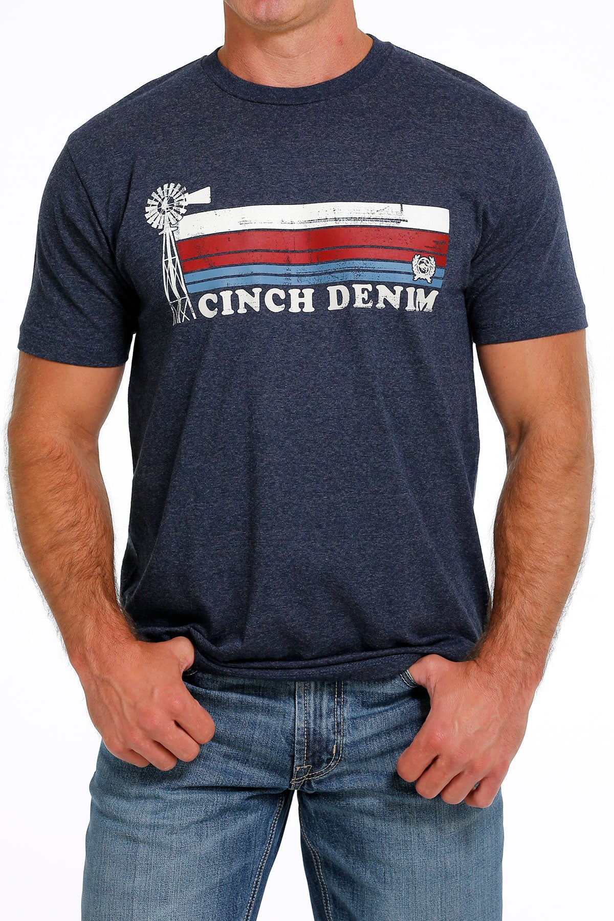 Men's Cinch navy crew neck tee with chest stripe screen print logo. Front view.