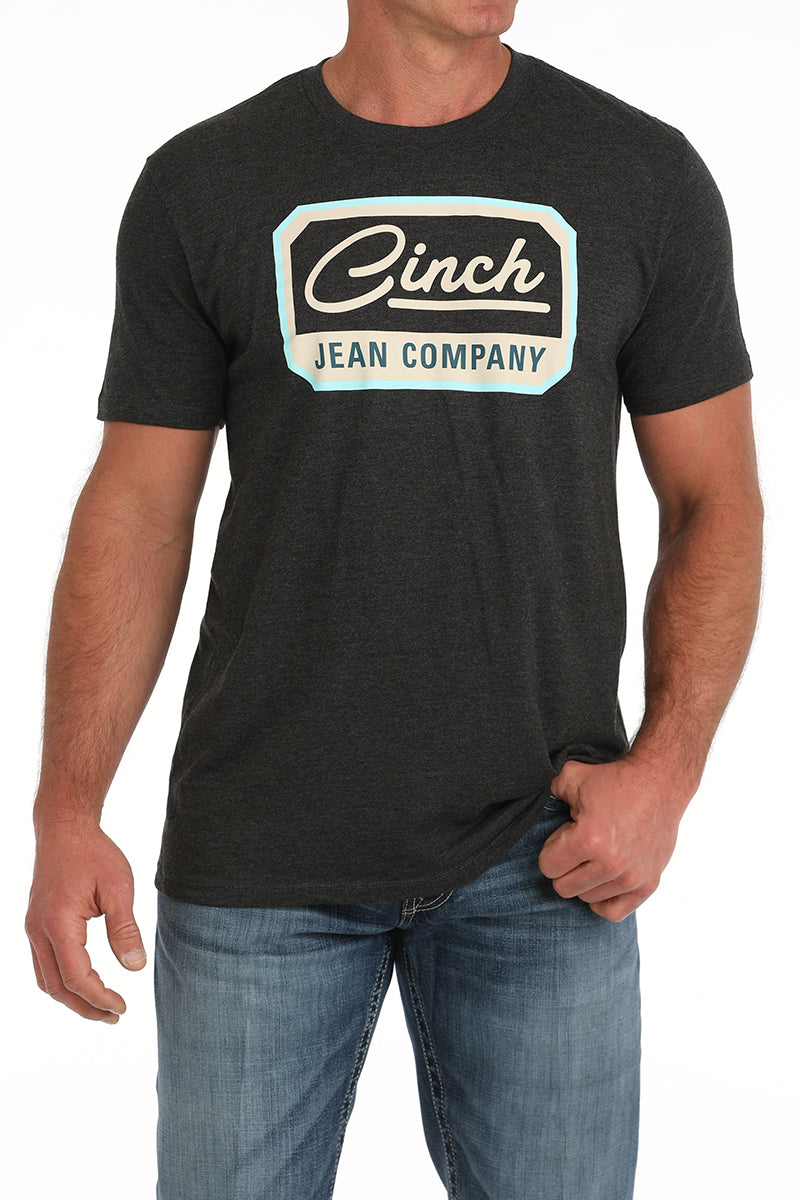 Men's Cinch crew neck tee with screen print logo on chest. Front view.