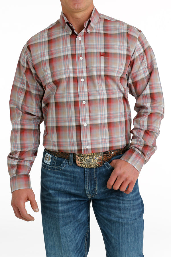 Men's Cinch MTW1105652 Multi Red Plaid Button Down Long Sleeve Shirt