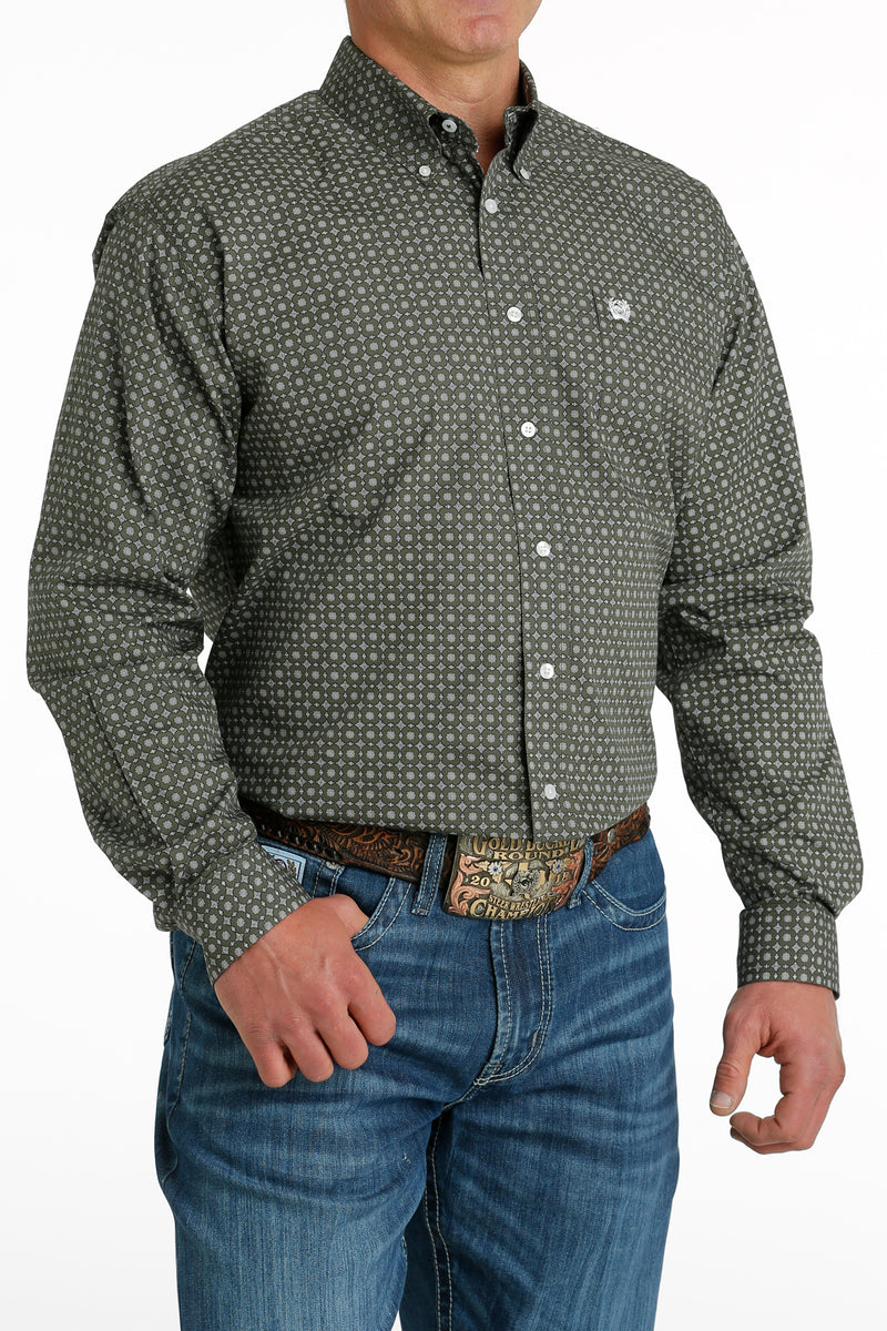 Men's Cinch MTW1105661 Olive/White Medallion Print Button Down Long Sleeve Shirt