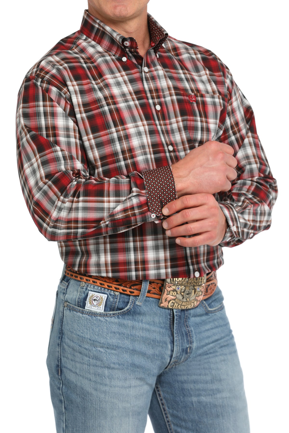 Men's Cinch MTW1105838 Red Plaid Button Down Long Sleeve Shirt *CLOSEOUT*