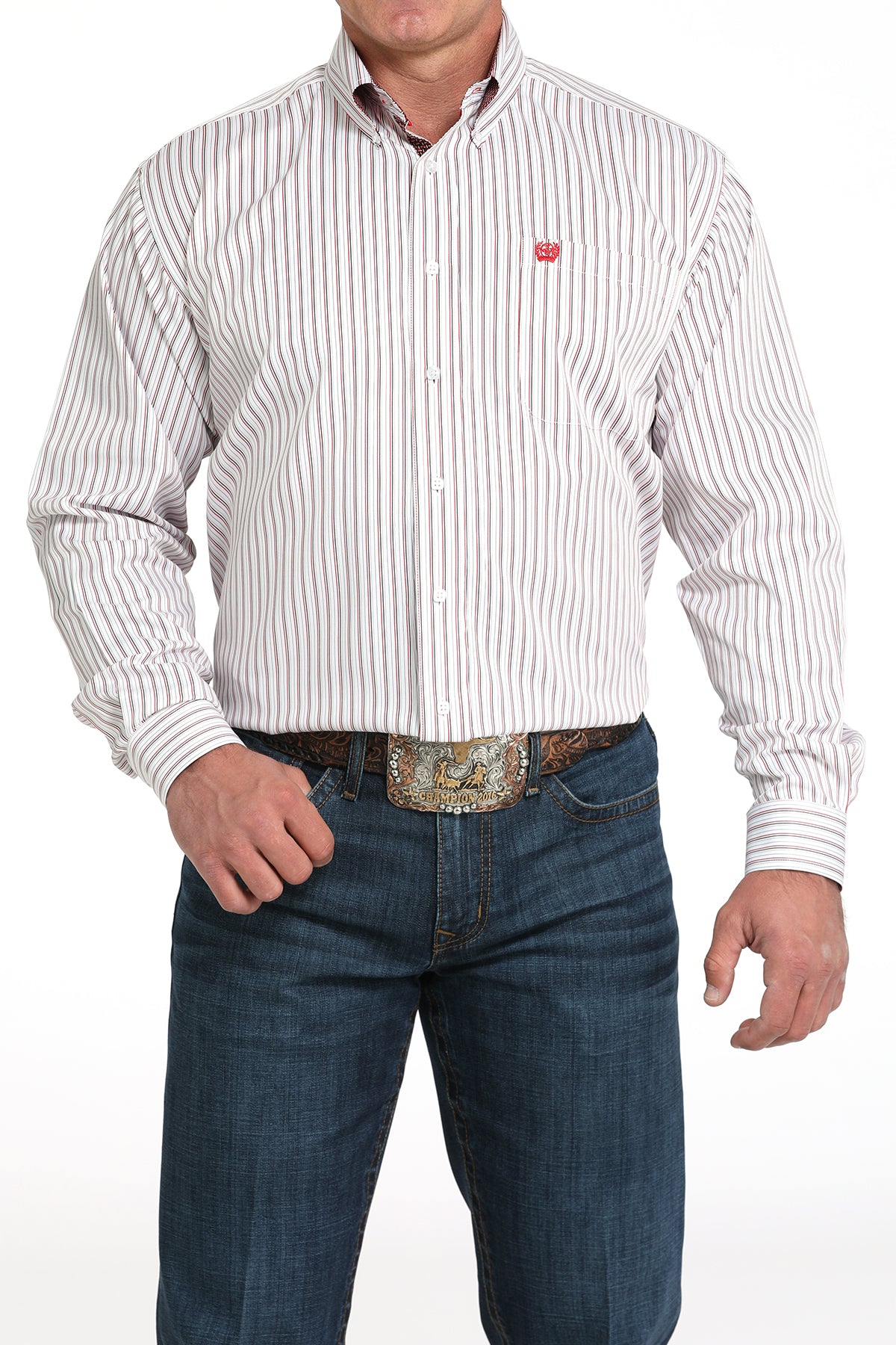 Cinch Tencel White and Black Striped Long Sleeve Button Down Men's Shirt front view