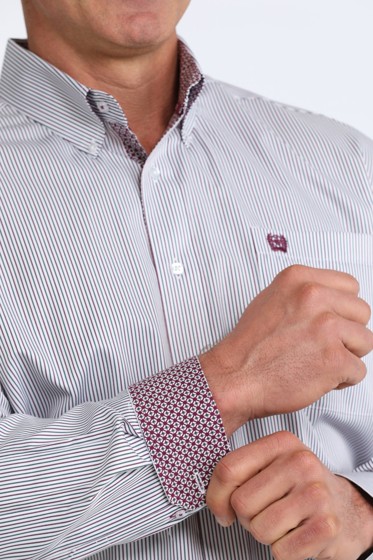 Men's Cinch Tencel White with Maroon Stripe Long Sleeve Button Down Shirt