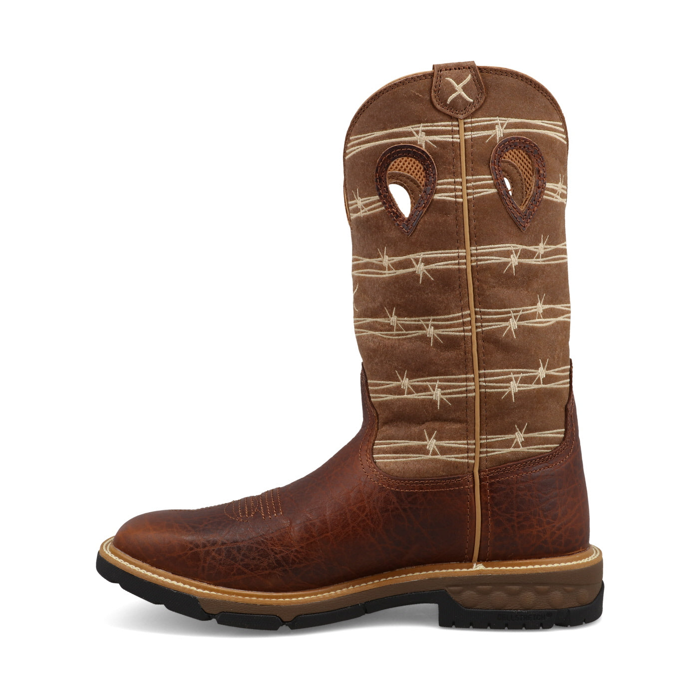 A instep side view of a 12-inch brown and tan Twisted X Western work boot with CellStretch technology, featuring a square toe and a rubber outsole.