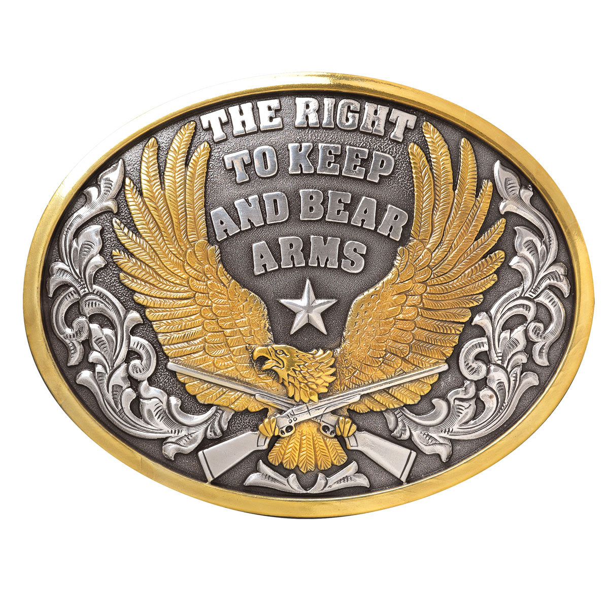 An oval-shaped belt buckle with a depiction of an eagle, double guns, and the phrase 'The Right to Keep and Bear Arms' accented with a star, in antique silver and gold finishes.