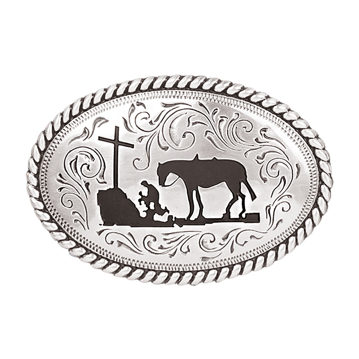 Silver tone belt buckle with rope edge design featuring a cowboy kneeling at a cross with a horse behind him, on a scroll background.