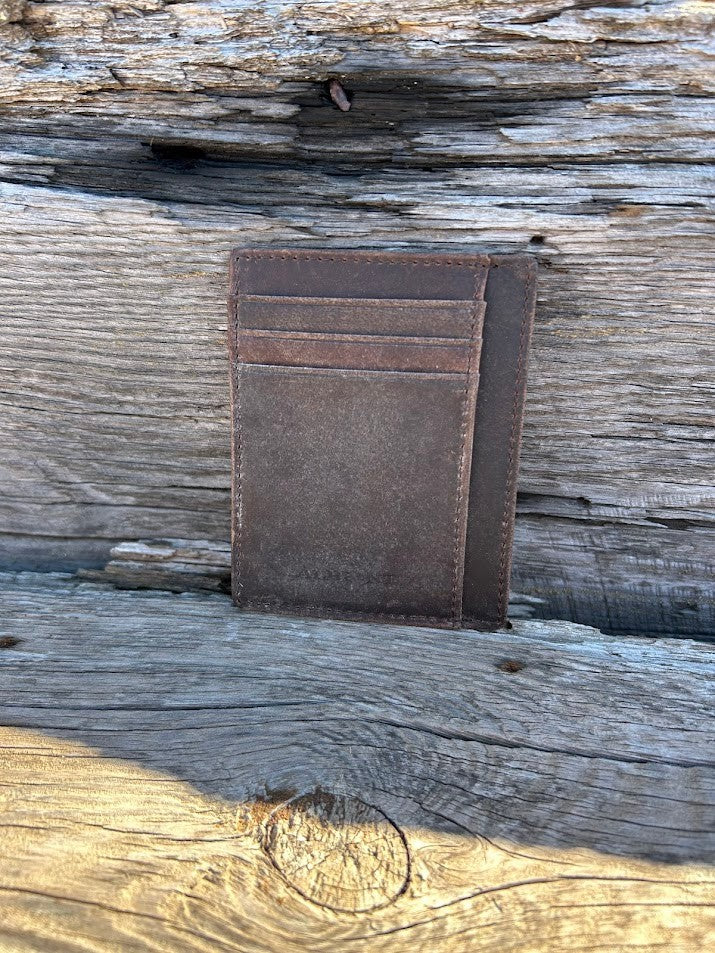 Dark Brown crazy horse leather front pocket wallet with six card slots and a ID window. Features RDIF blocking.