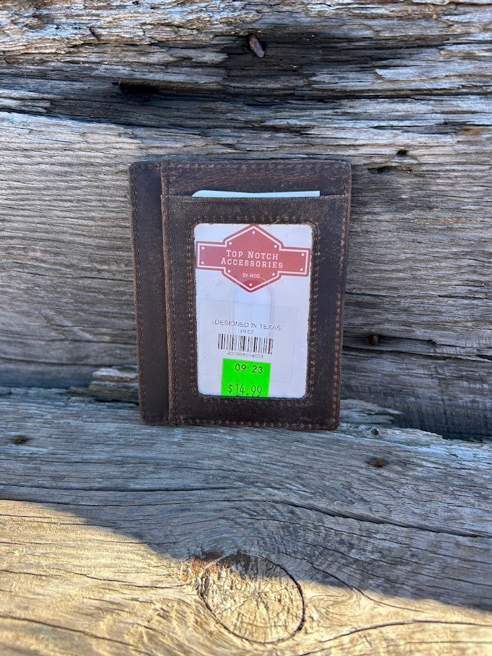 Dark Brown crazy horse leather front pocket wallet with six card slots and a ID window. Features RDIF blocking. Close up view of ID window.