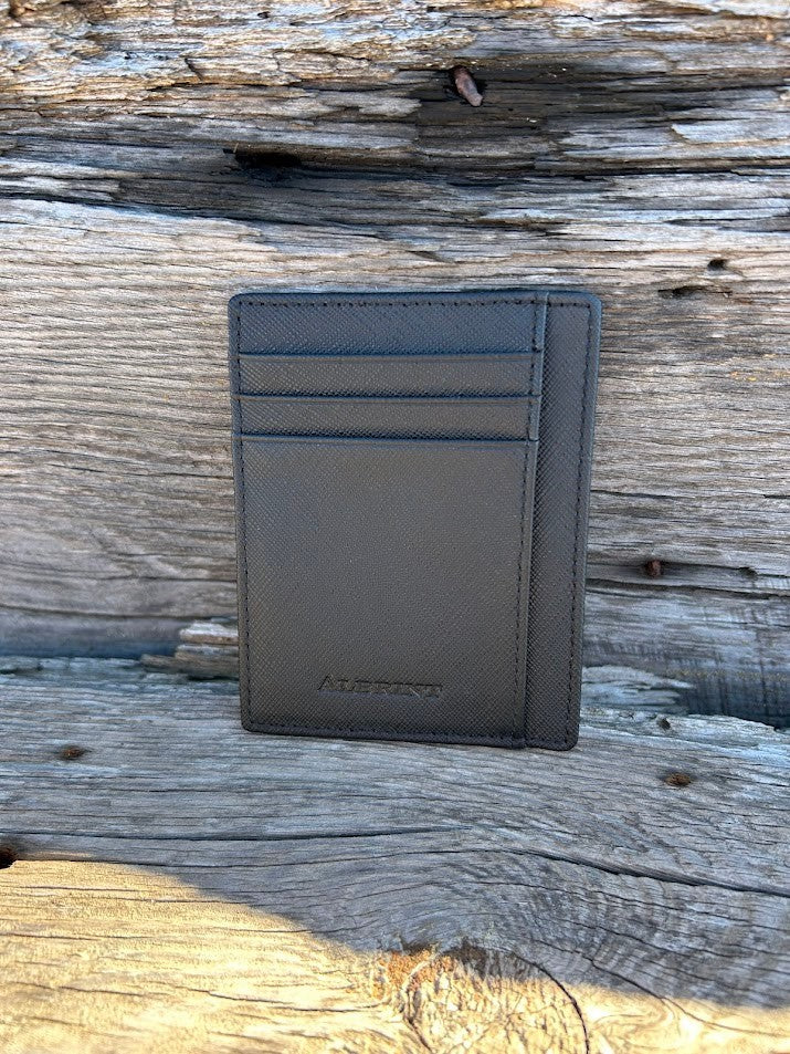 Black leather front pocket wallet with six card slots and a ID window. This wallet has RFID blocking.