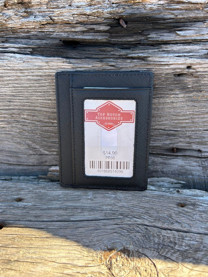 Black leather front pocket wallet with six card slots and a ID window. This wallet has RFID blocking. Showing ID window.